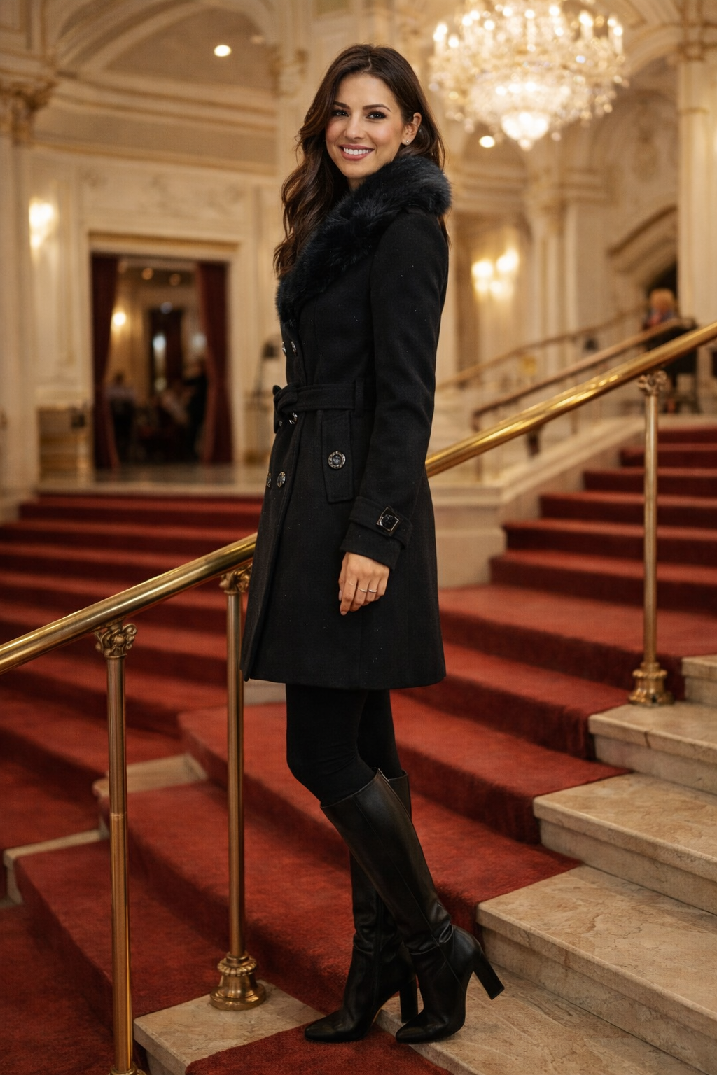 Szőrmés szövetkabát - fekete