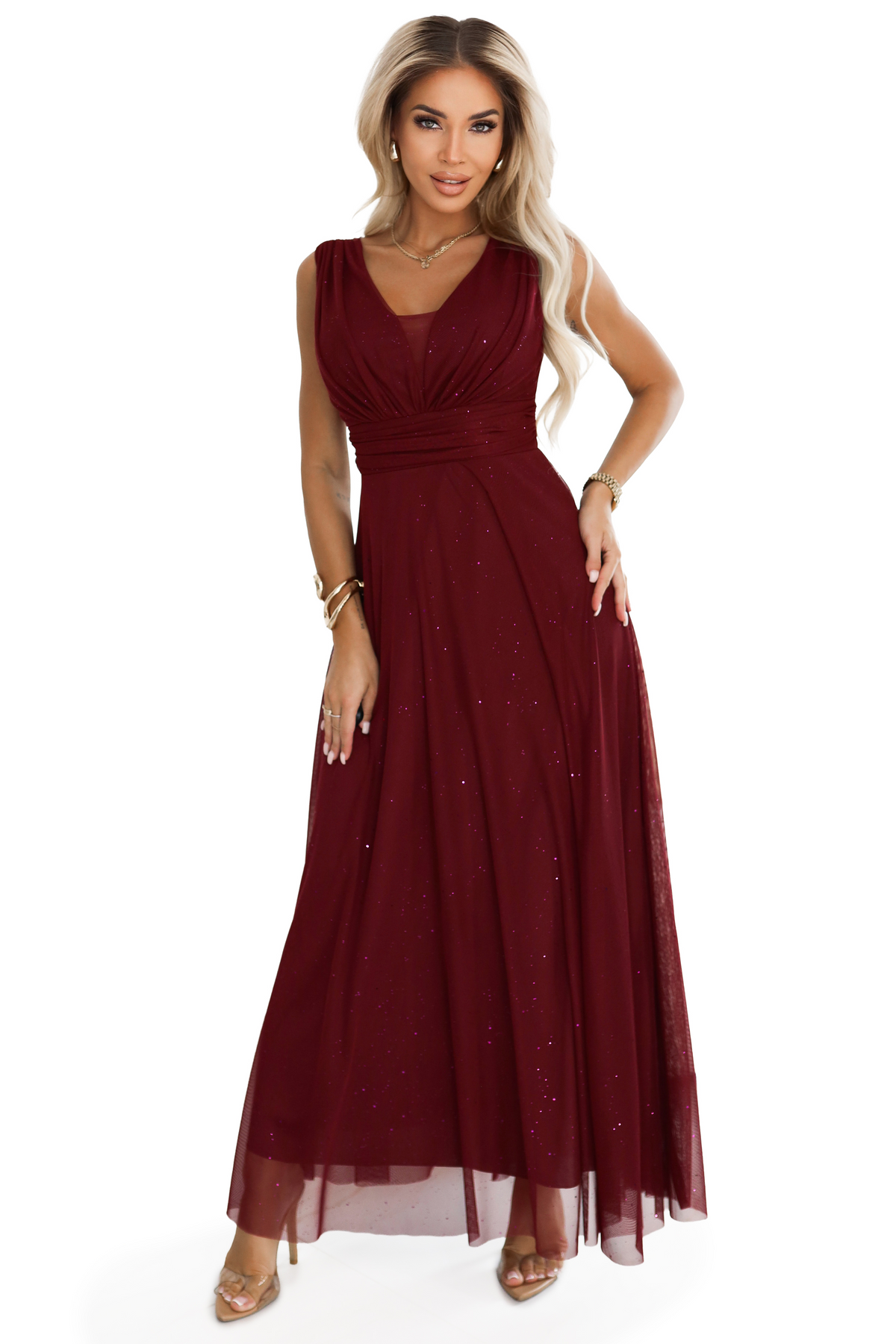 Numoco Elara maxi csillogó tüll estélyi ruha - burgundi
