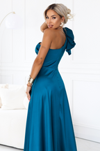 Numoco Rosaline egyvállas maxi szatén ruha - tengerzöld