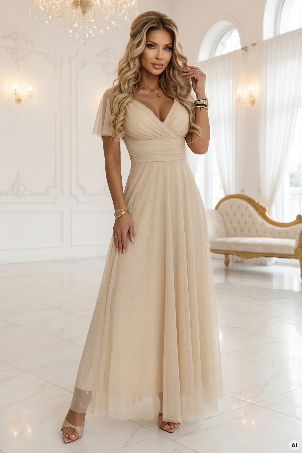 Numoco Melania maxi csillogó tüll ruha - pezsgőbézs
