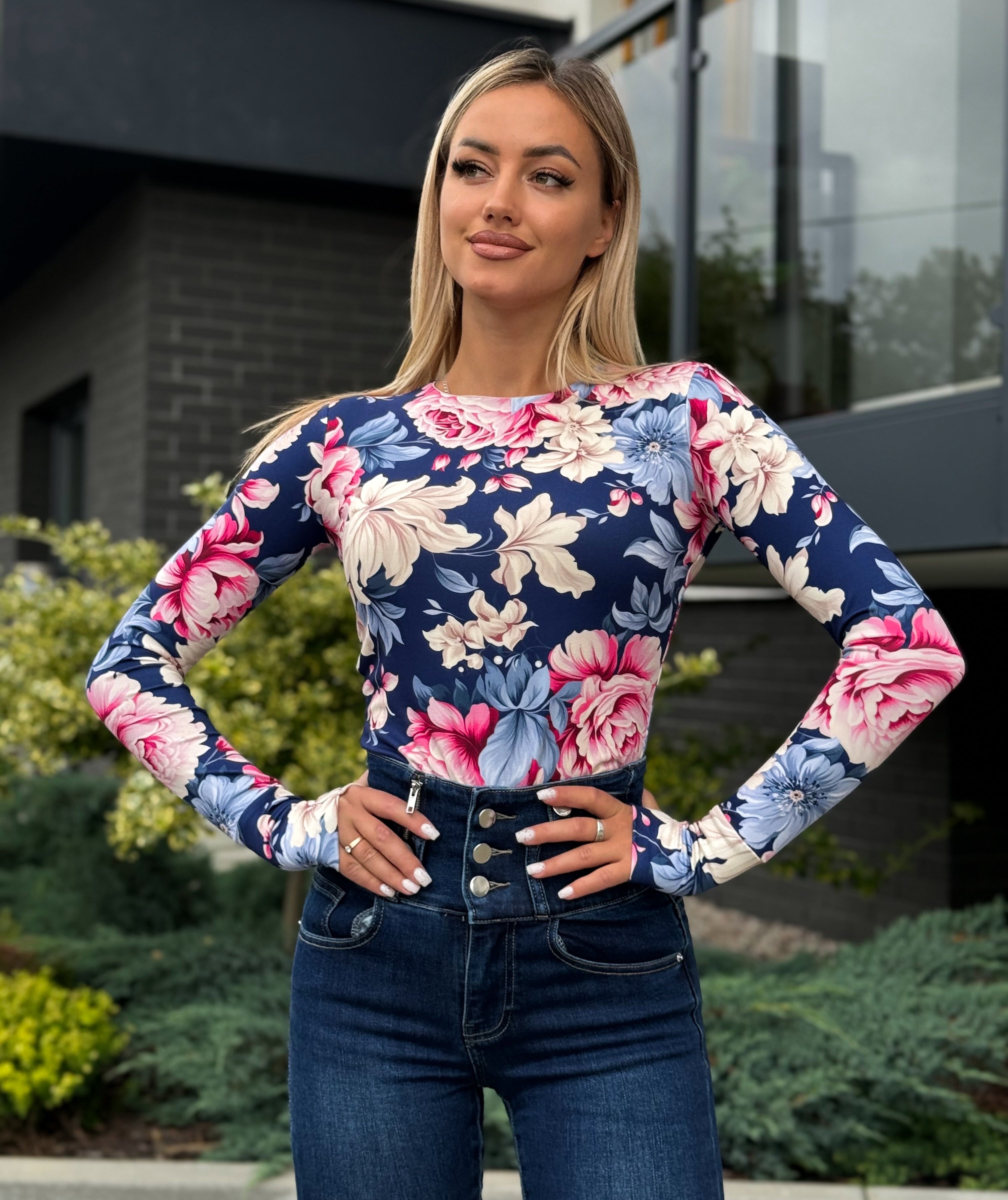 Virágos felső - sötétkék